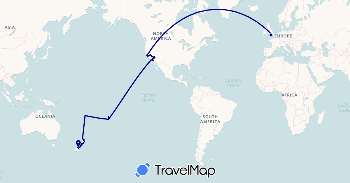 TravelMap itinerary: driving in Cook Islands, Fiji, United Kingdom, New Zealand, United States (Europe, North America, Oceania)
